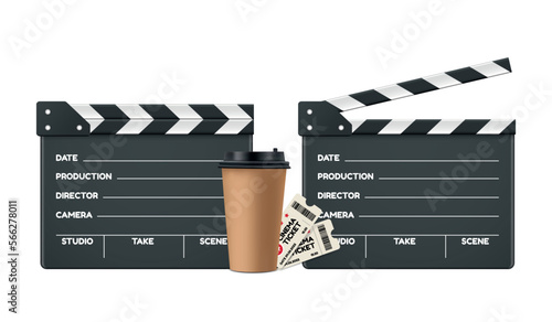 Movie Clapperboard Vector Templates With Coffee Cup And Cinema Tickets - Open And Closed Director Clapboard Set Isolated On White Background