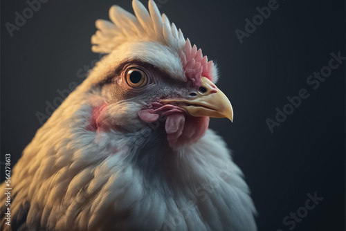 Chicken hen, bird closeup view. Animal husbandry. Farm chicken. Detail of hen head. Free range poultry farming. Concept design of farm animal. generative AI