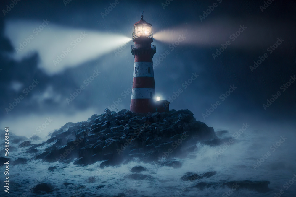 lighthouse on an island in the middle of a storm, at night generated with ai