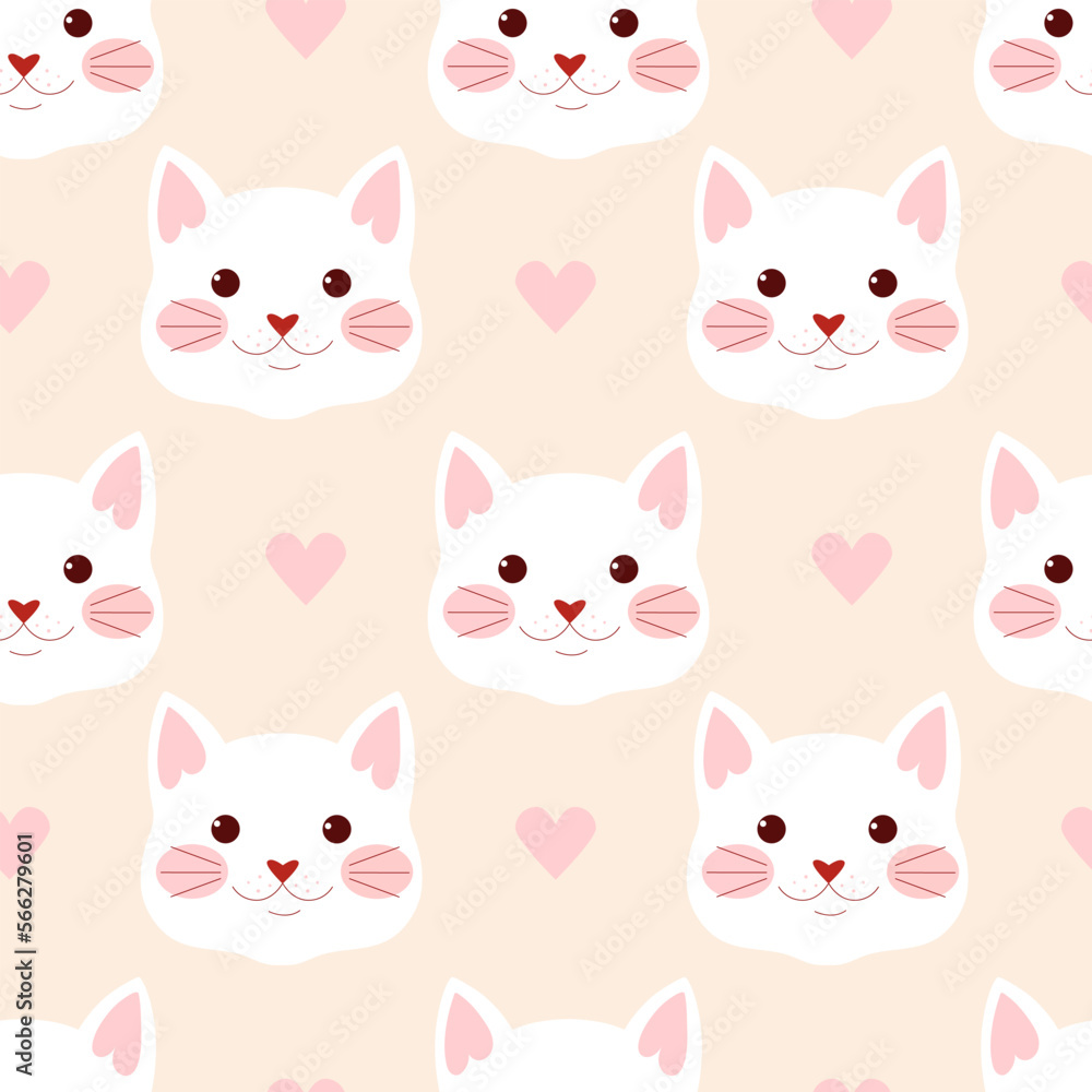 Pattern of cat faces with pink hearts on cream background. Cartoon white cats vector pattern.
