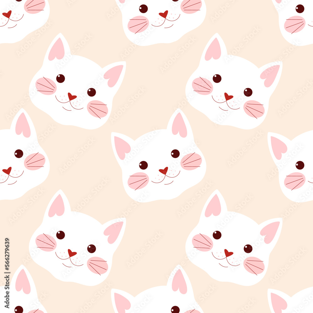 Pattern of cat faces on cream background. Cartoon white cats vector pattern.