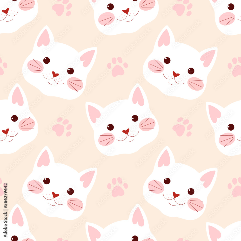 Pattern of cat faces on cream background with tracks. Cartoon cats vector pattern.