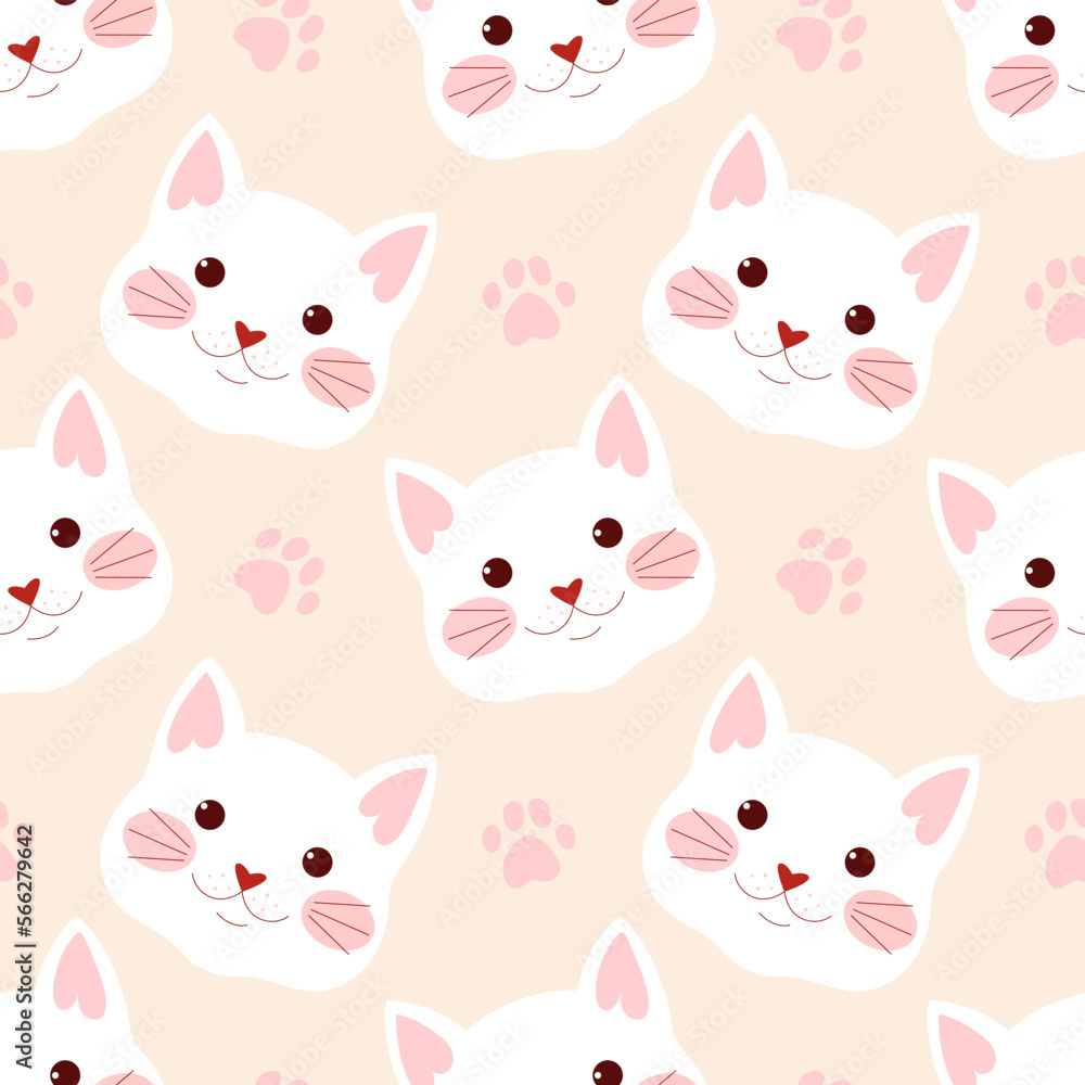 Fototapeta premium Pattern of cat faces on cream background with tracks. Cartoon cats vector pattern.