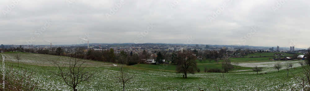 Scenic landscape with agriculture field, orchard and cityscape in the background at City of Zürich district Schwamendingen on a cloudy winter day. Photo taken January 29th, 2023, Zurich, Switzerland.