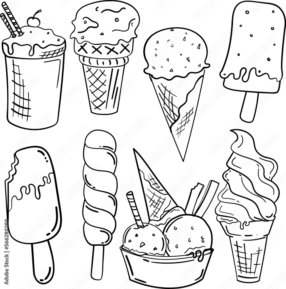 Hand drawn set of doodle with different ice cream types waffle cone
