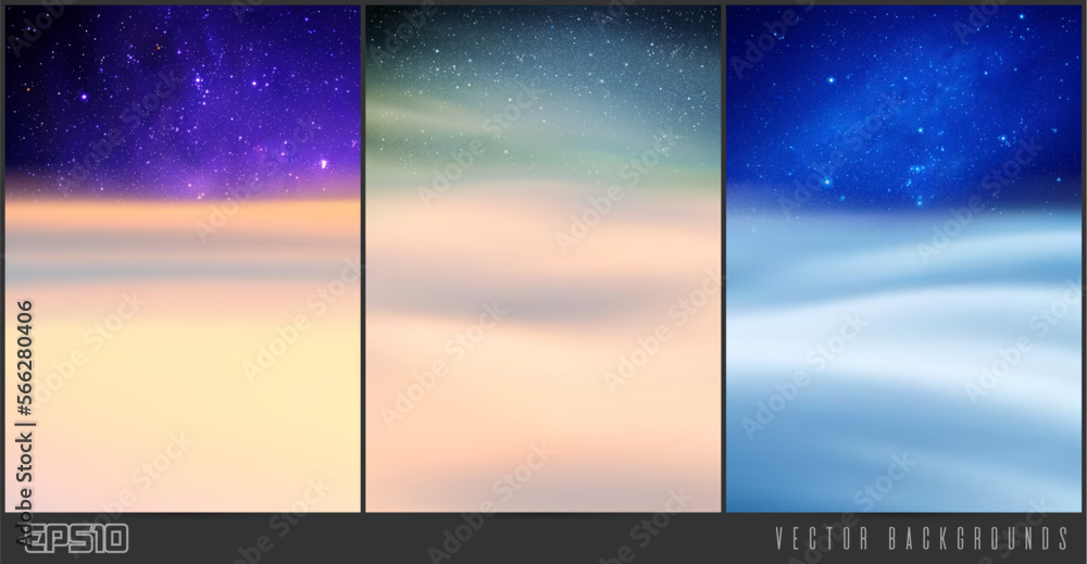 Clouds and night starry sky. Natural background set. Pastel fog waves