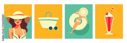 Summer bright cards set: a girl in a hat on vacation at the sea. Vector, isolated.