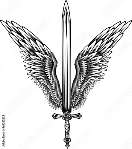 sword with wings. Guard. Medieval sword with wings. Design element for logo, label, emblem, sign, badge.