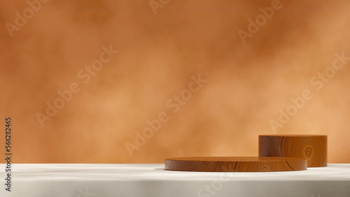 Fototapeta Naklejka Na Ścianę i Meble -  blank mockup brown round wood podium in landscape orange wall and white floor 3d image render

