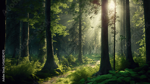 beauty Nature forest with sunrise background illustration. Generative AI