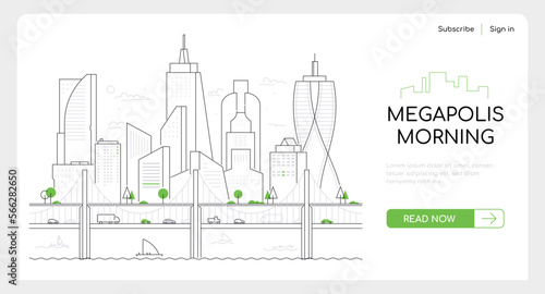 Megapolis morning - thin line design style vector web banner