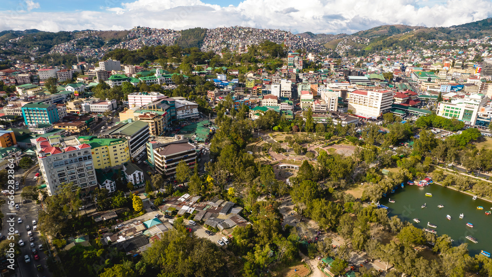 Baguio City, Philippines - Burnham Park and the Downtown Baguio cityscape.