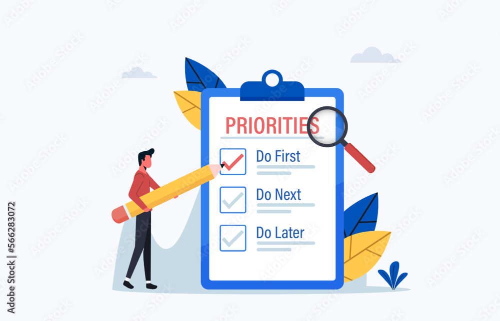 Priority concept illustration, Important agenda for doing Planning and work management, Businessman checking list with priority objectives and urgency selection process - obrazy, fototapety, plakaty 