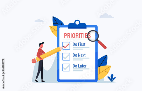 Priority concept illustration, Important agenda for doing Planning and work management, Businessman checking list with priority objectives and urgency selection process photo