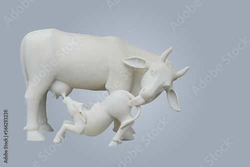 side view antique white large cow and small cow on sky blue background, animal, object, vintage, copy space