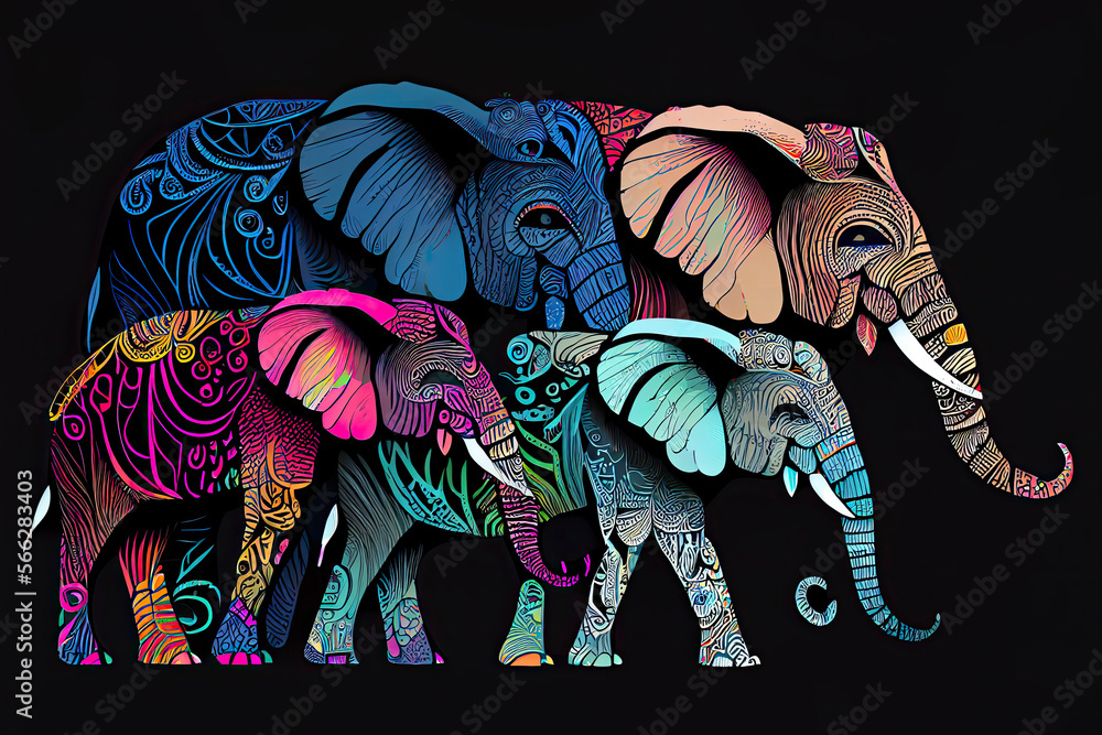 Obraz premium Beautiful vector pattern of colorful elephants on black background