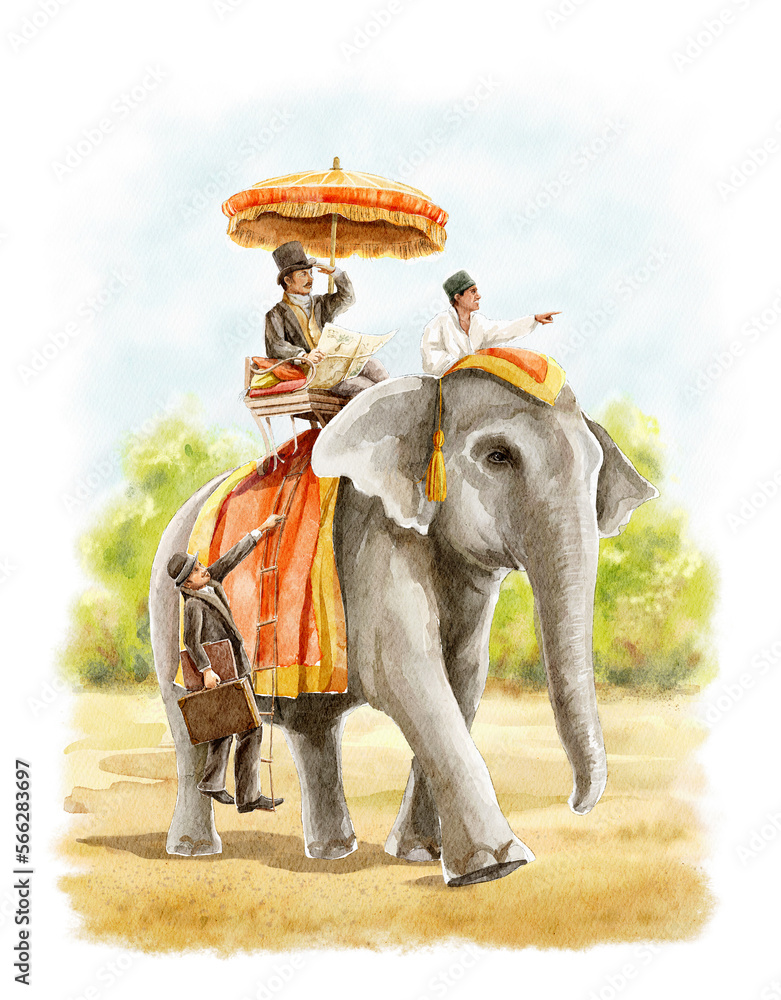 Watercolor fantasy people in vintage clothes ride an elephant around ...
