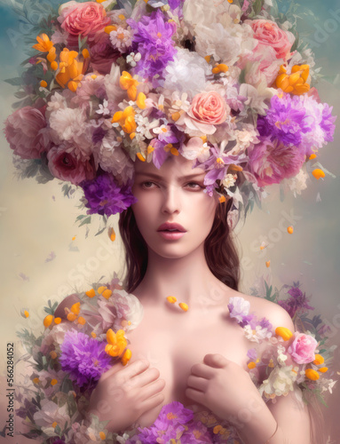 Beautiful and free-spirited young woman, adorned in an array of colorful flowers