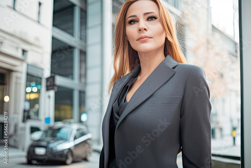 Businesswoman walks confidently down a busy city
