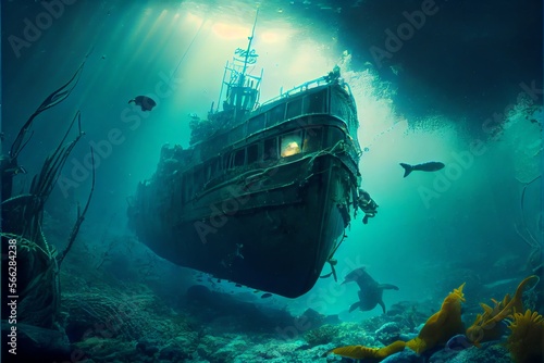 diving on a sunken ship. an underwater seascape. and a shipwreck. Generative AI © Pixel Matrix