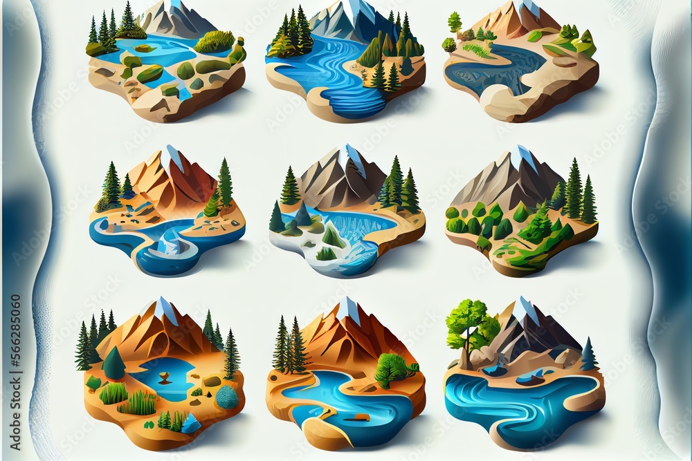 Set of mountain valleys and rivers icons. Part 2. Generative AI
