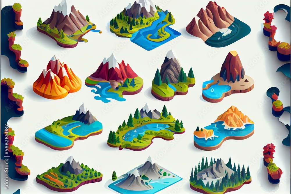 Set of mountain valleys and rivers icons. Part 2. Generative AI Set of mountain valleys and rivers icons. Part 2. Generative AI