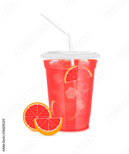 Red fresh cara cara navel juice glass and slices half. Fruit juice in clear plastic transparent cup flat lid, ice, straw tube. For design drink menu cafe or restaurants. Isolated 3D realistic vector.