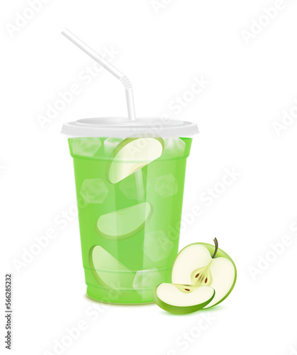 Fresh green apple juice glass and slices half. Fruit juice in clear plastic transparent cup flat lid, ice and straw tube. For design drink menu cafe or restaurants. Isolated 3D realistic vector.