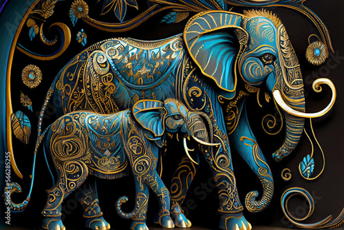 elephants, hohloma, painting, large. small details. gold,light brown, black, turquoise silver