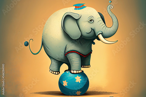 Funny cartoon circus elephant balancing on ball