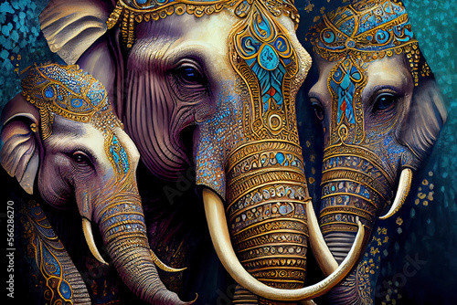 elephants  hohloma  painting  large. small details. gold light brown  black  turquoise silver.