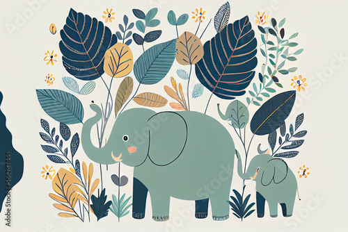 seamless pattern with African elephants and plants in a childish cartoon style