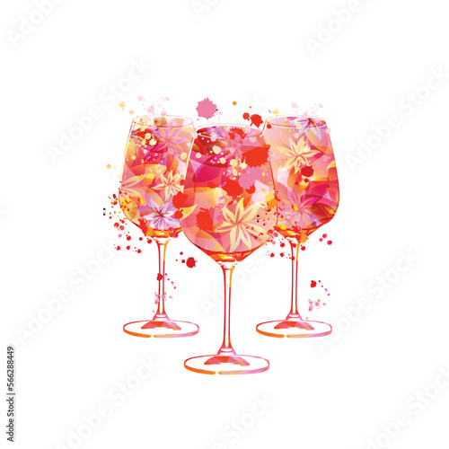 Elegant wine glasses with flowers. Floral aroma wine in goblet. Colorful stemware with alcoholic beverage for celebrations, special occasions, fairs and degustation events. Vector illustration