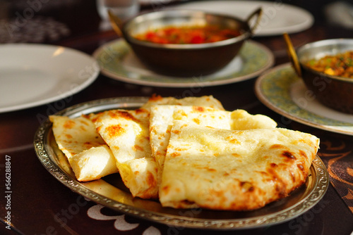 Indian bread Naan on a silver tray 