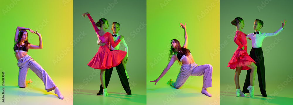 Collage. Portraits of children dancing classic dance, ballroom and young girl performing hip hop, experimental, contemp over green background in neon. Concept of lifestyle, hobby, action, motion, art Collage. Portraits of children dancing classic dance, ballroom and young girl performing hip hop, experimental, contemp over green background in neon. Concept of lifestyle, hobby, action, motion, art