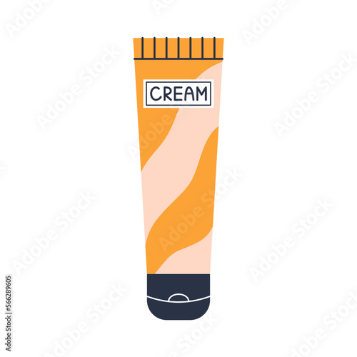 Vector orange cream tube in flat design. Beauty and skincare cosmetic. Daily routine. Tube of cream.