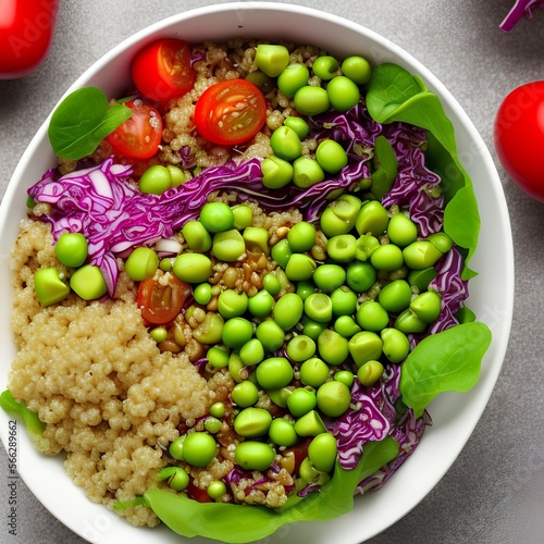Healthy vegan lunch bowl. Vegetable salad of avocado, quinoa, tomato, cucumber, red cabbage, green peas and radish. top view - generative ai