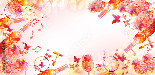 Wine poster with glasses, bottles and corkscrews for party flyer, degustation events, invitation cards, wine making brochure or restaurant menu. Vector illustration in pink and red colors 