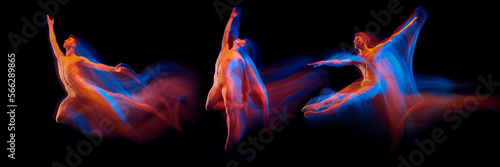 Development of movements of one handsome muscular male ballet dancer dancing on dark background in mixed neon light. Concept of art, beauty, aspiration, creativity. Action and motion