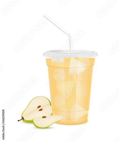 Yellow fresh pear juice glass and slices half. Fruit juice in clear plastic transparent cup flat lid, ice and straw tube. For design drink menu cafe or restaurants. Isolated 3D realistic vector.