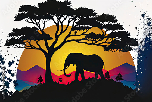 vectorized sticker of Asian landscape in an Asian elephant silhouette in Japanese style
