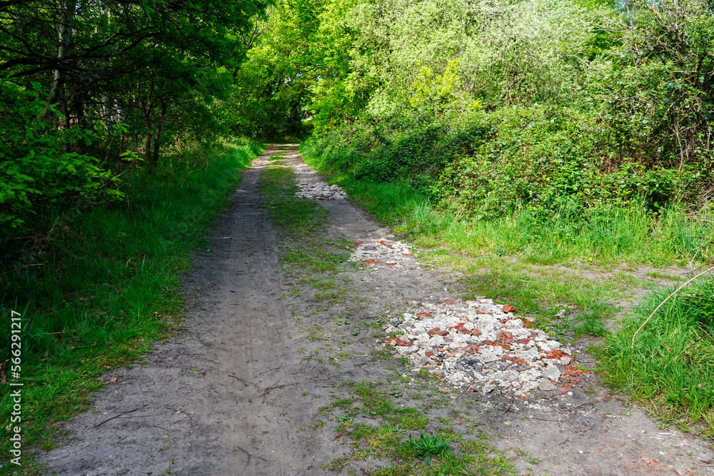 Old single track road make of broken bricks and soil