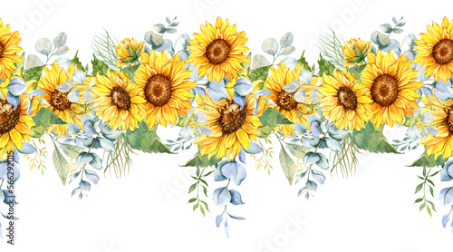 Sunflowers Seamless Border, Watercolor Sunflowers Arrangement, Hand Painted Sunflowers Bouuqet on white background