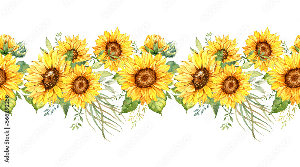Sunflowers Seamless Border, Watercolor Sunflowers Arrangement, Hand Painted Sunflowers Bouuqet on white background