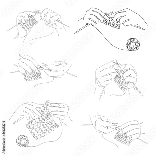 Collection. Knitting with threads. Hands of man, woman in modern trendy style with one line. Solid line, outline for decor, posters, stickers, logo. Vector illustration set.