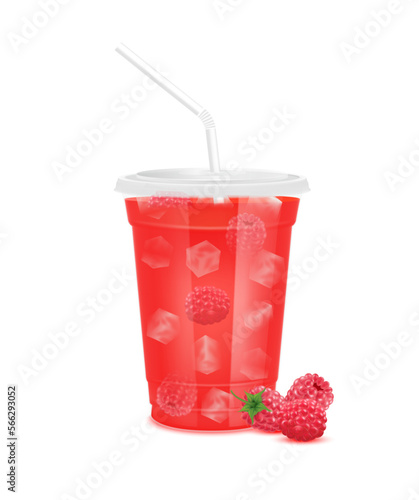 Red fresh raspberry juice glass and slices half. Fruit juice in clear plastic transparent cup flat lid, ice and straw tube. For design drink menu cafe or restaurants. Isolated 3D realistic vector.
