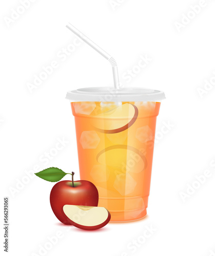 Fresh red apple juice glass and slices half. Fruit juice in clear plastic transparent cup flat lid, ice and straw tube. For design drink menu cafe or restaurants. Isolated 3D realistic vector.