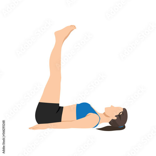 Woman doing Yoga in half plough pose vector. Girl lying on the floor and lifting two legs up in the air. Flat vector illustration isolated on white background