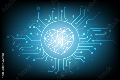 Heart vector glow in the circuit board cyber security on dark blue vintage screen with log to scan password login system design for greeting card technology background concept