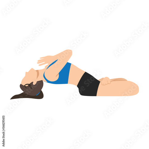 Woman doing Fish Pose Lotus legs and namaste hands. Beautiful girl practice Matsyasana Variation Padmasana Elbows. Flat vector illustration isolated on white background
